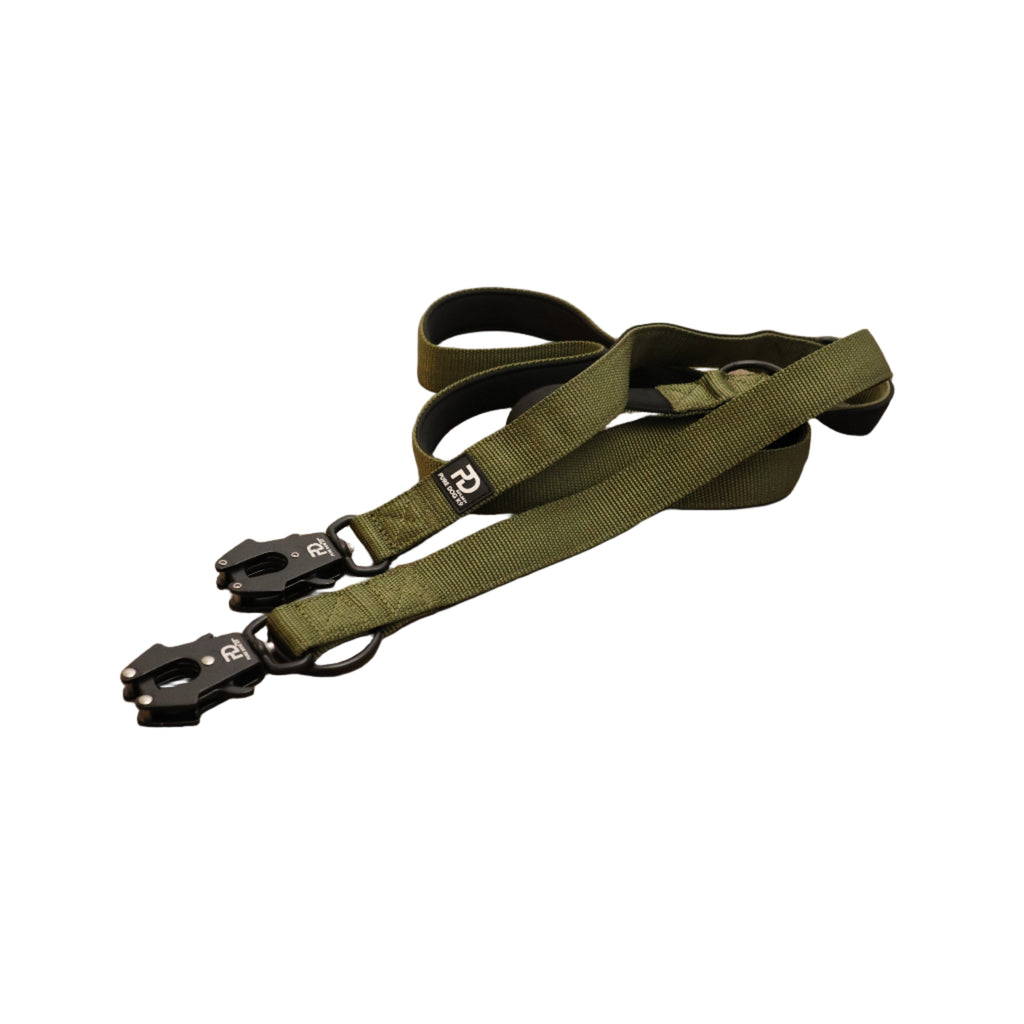 Khaki multifunctional dog leash with two snap clips and adjustable webbing strap