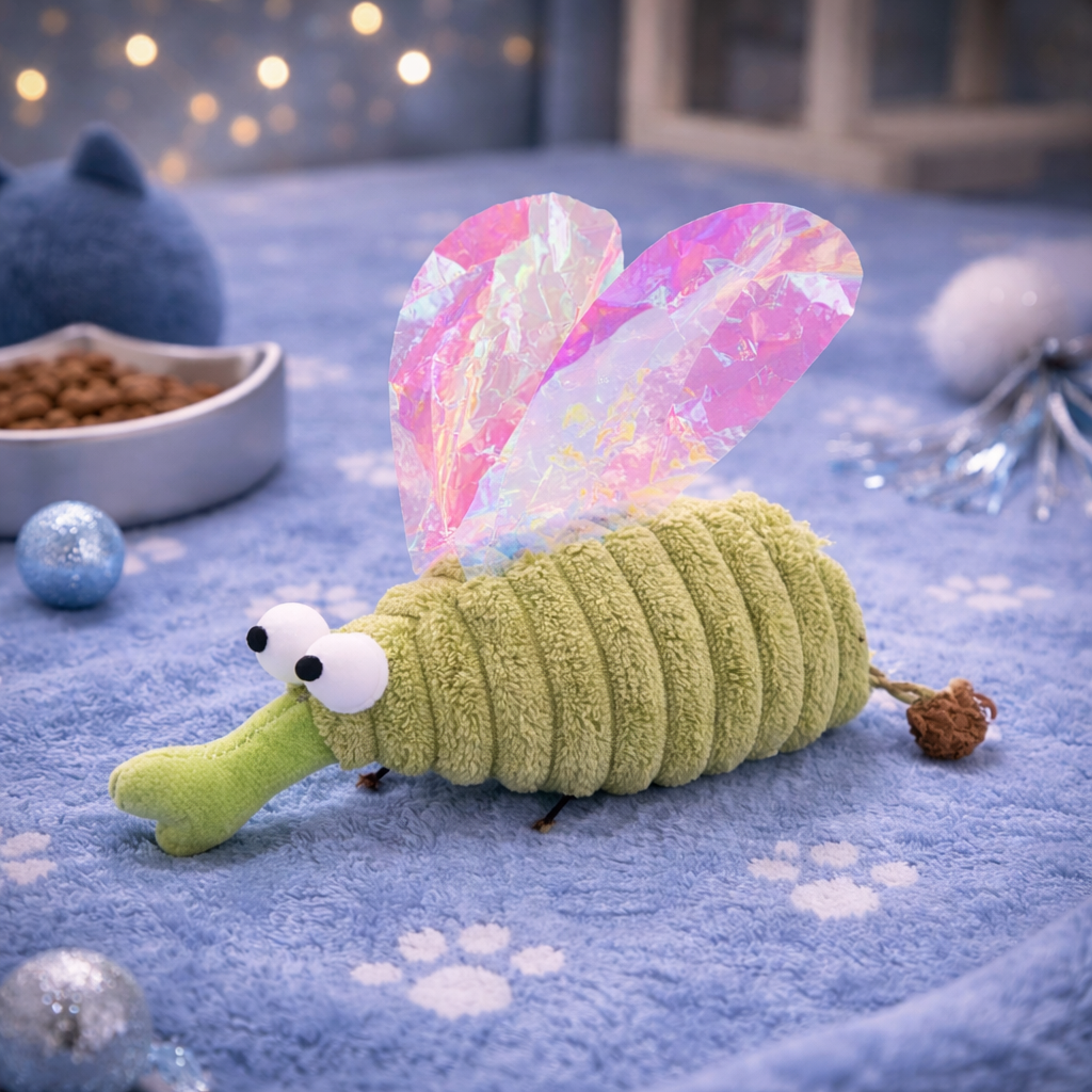 Green plush mosquito toy with white face and holographic wings, with brown charm