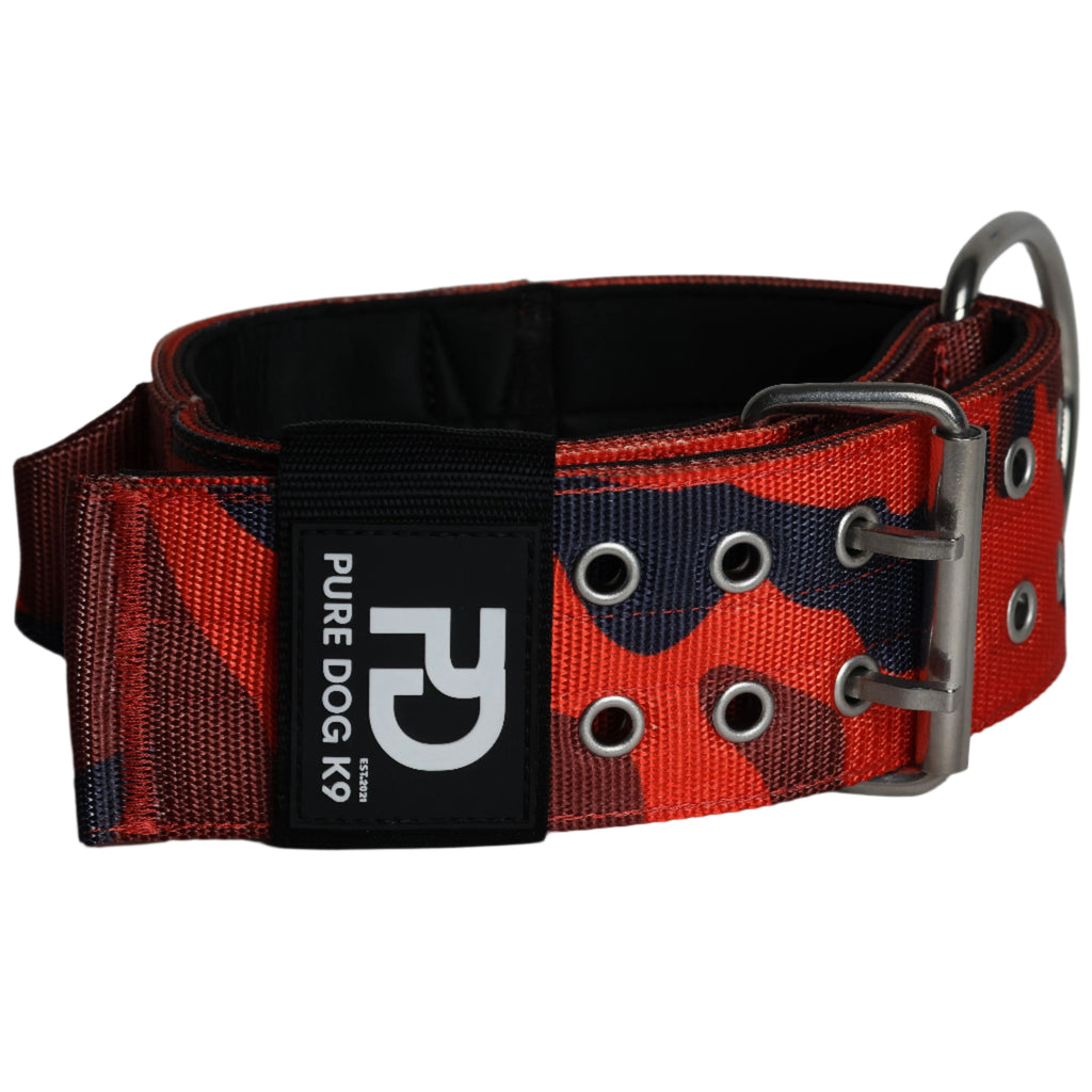 Red camo sport dog collar with black panel, metal buckle, and grommet holes