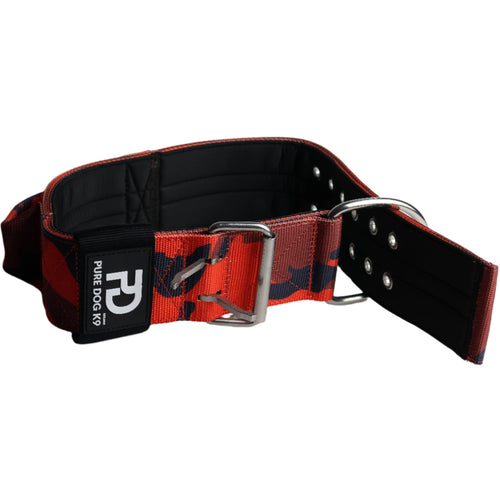 Red camo sport dog collar with wide black lining, silver buckle and adjustment holes
