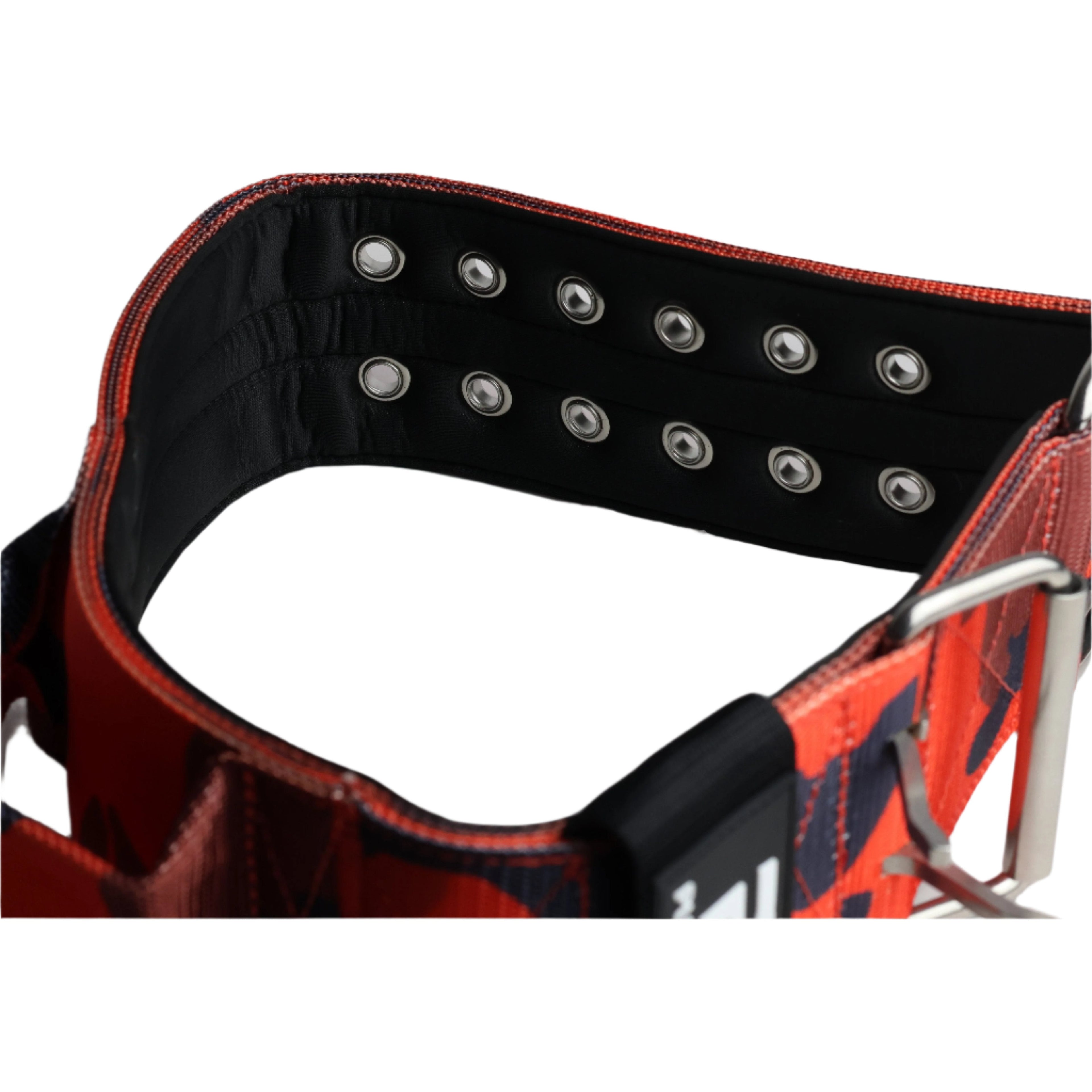 Red camo sport dog collar with black padded underside and silver grommets