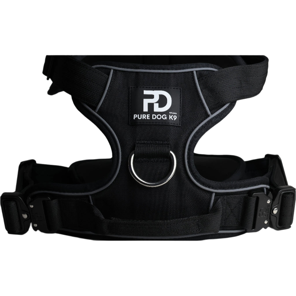 Black dog comfort harness with front ring and logo patch
