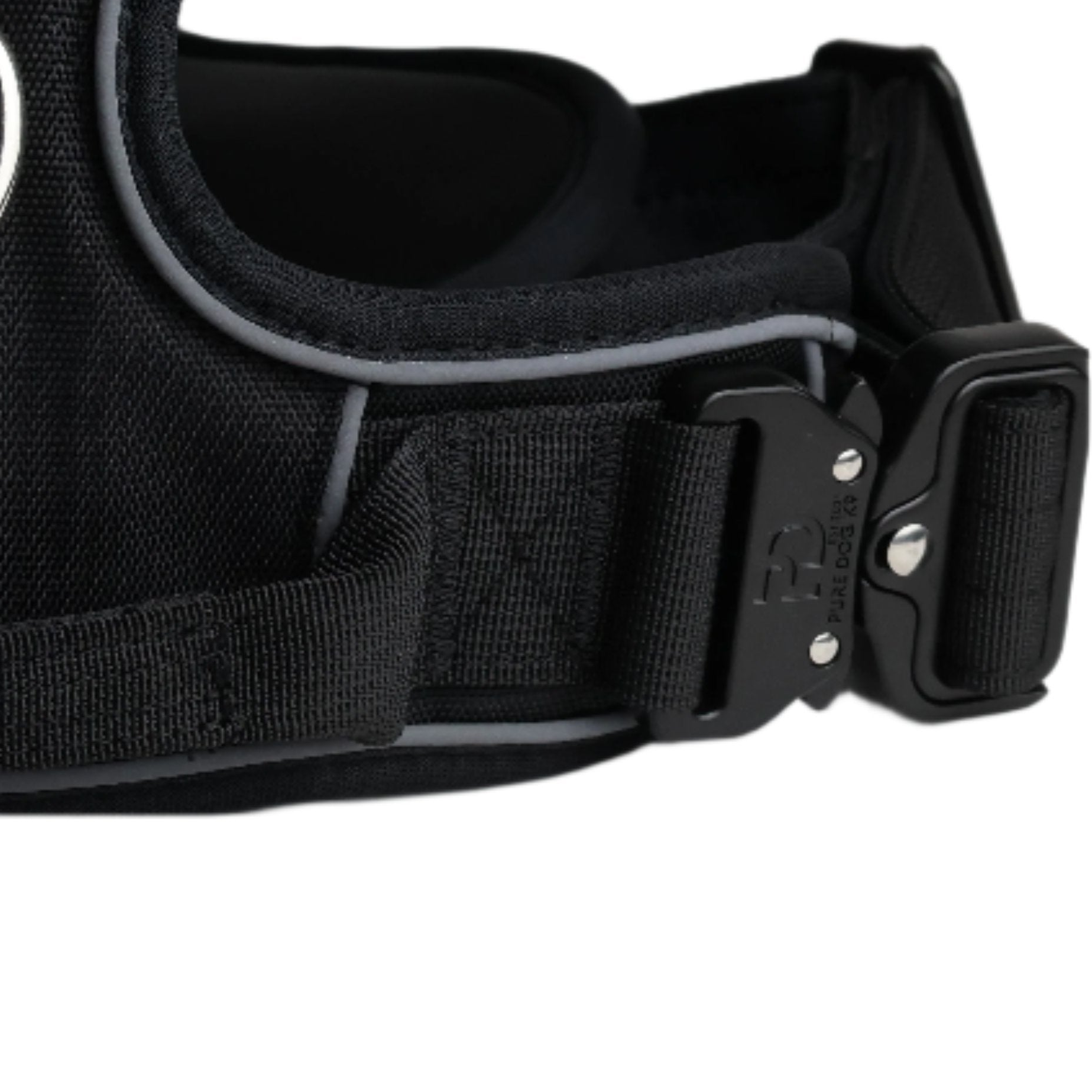Black dog comfort harness with padded chest strap and side buckle