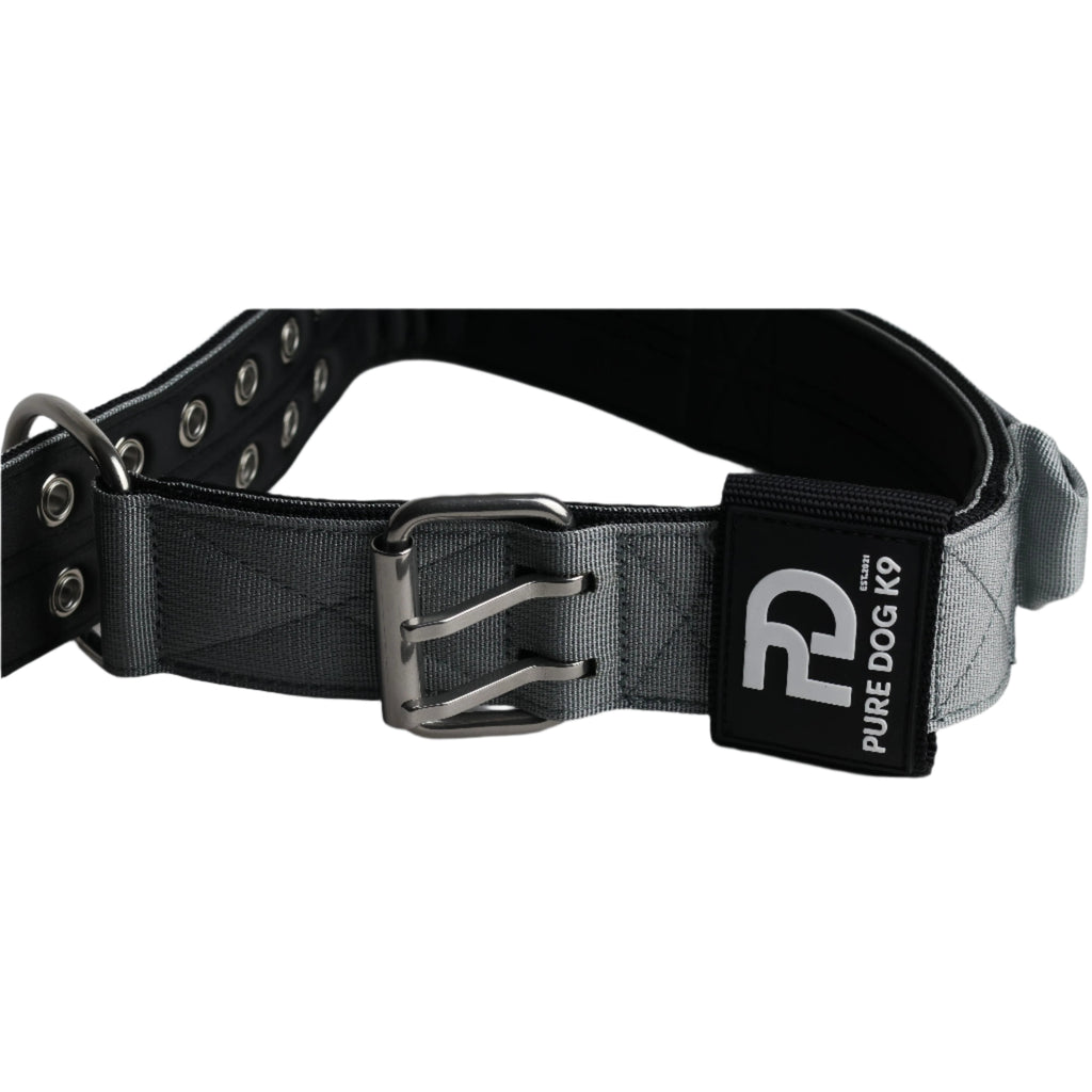 Grey sport dog collar with metal buckle and black Pure Dog K9 patch