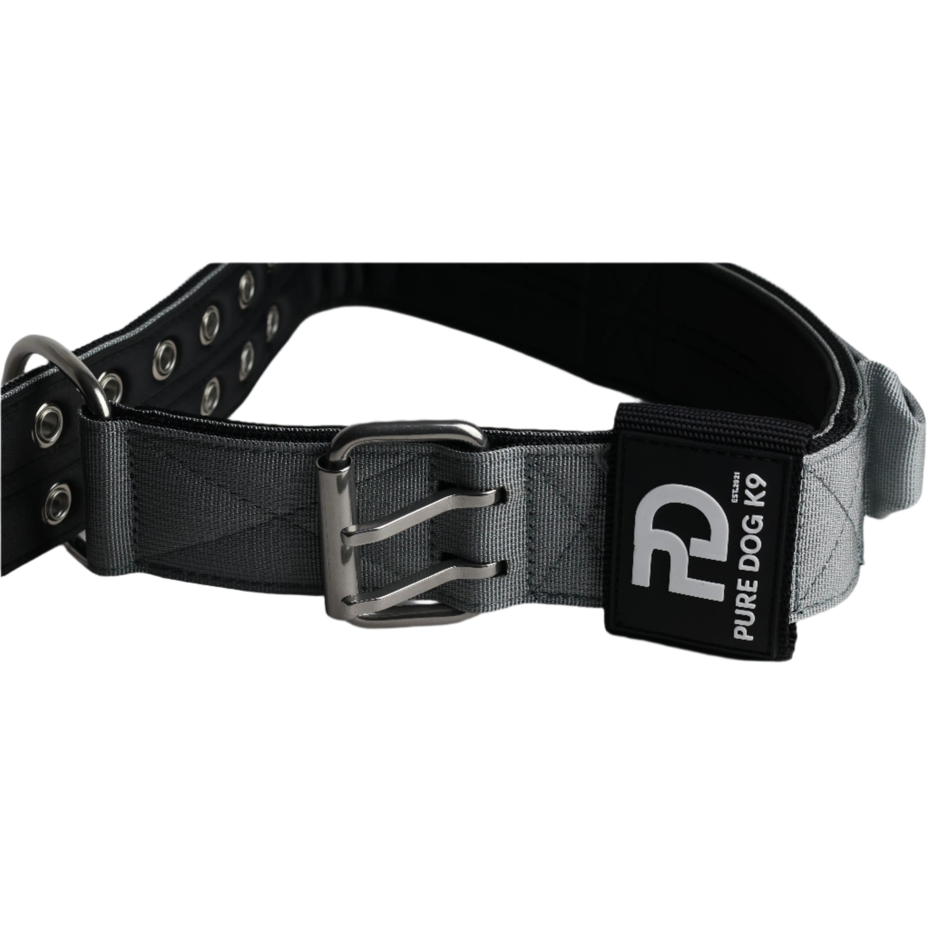 Grey sport dog collar with metal buckle and black Pure Dog K9 patch