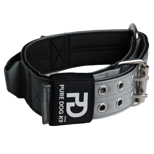 Grey sport dog collar with metal buckle, grommet holes, and logo patch