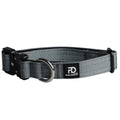 Grey tactical dog collar with black clasp, metal ring, and brand logo patch