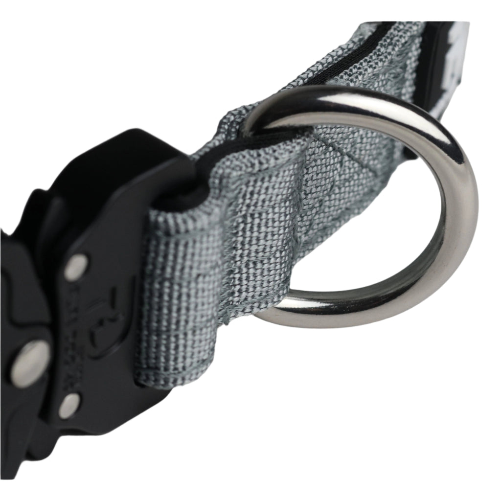 Tactical dog collar with grey woven webbing, black buckle, and metal D-ring