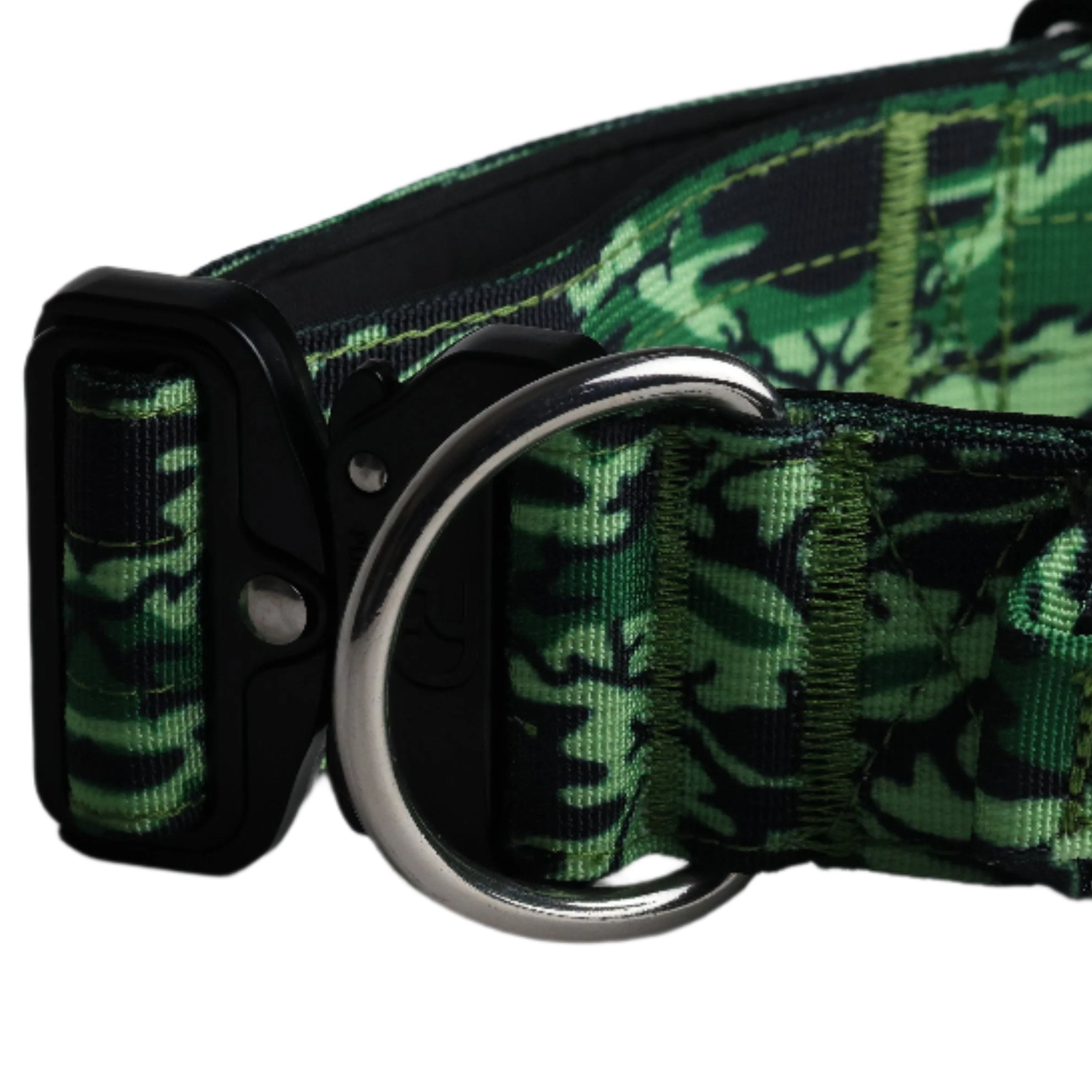 Green camo tactical dog collar with black buckle and metal D-ring