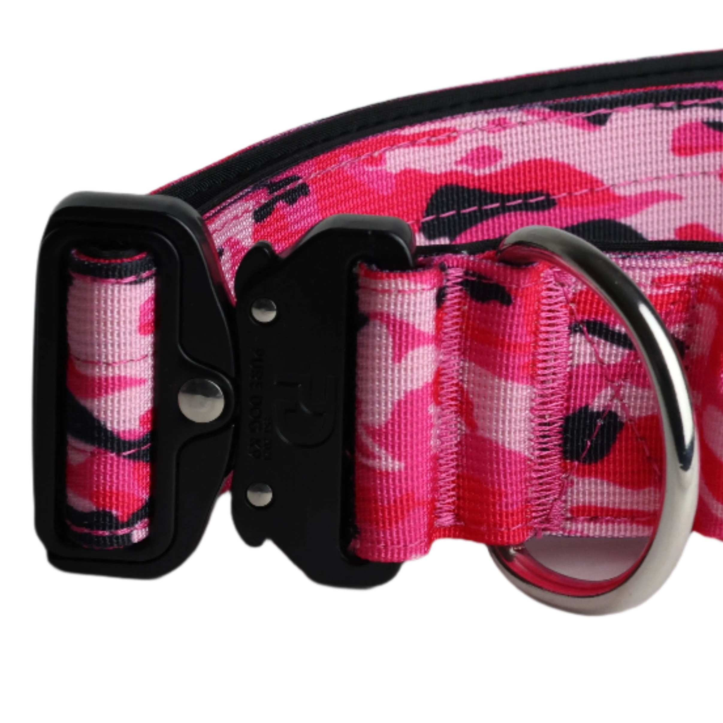 Pink camo tactical dog collar with black buckle and metal D-ring