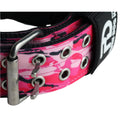 Pink camo sport dog collar with metal D-rings and eyelet strap detail