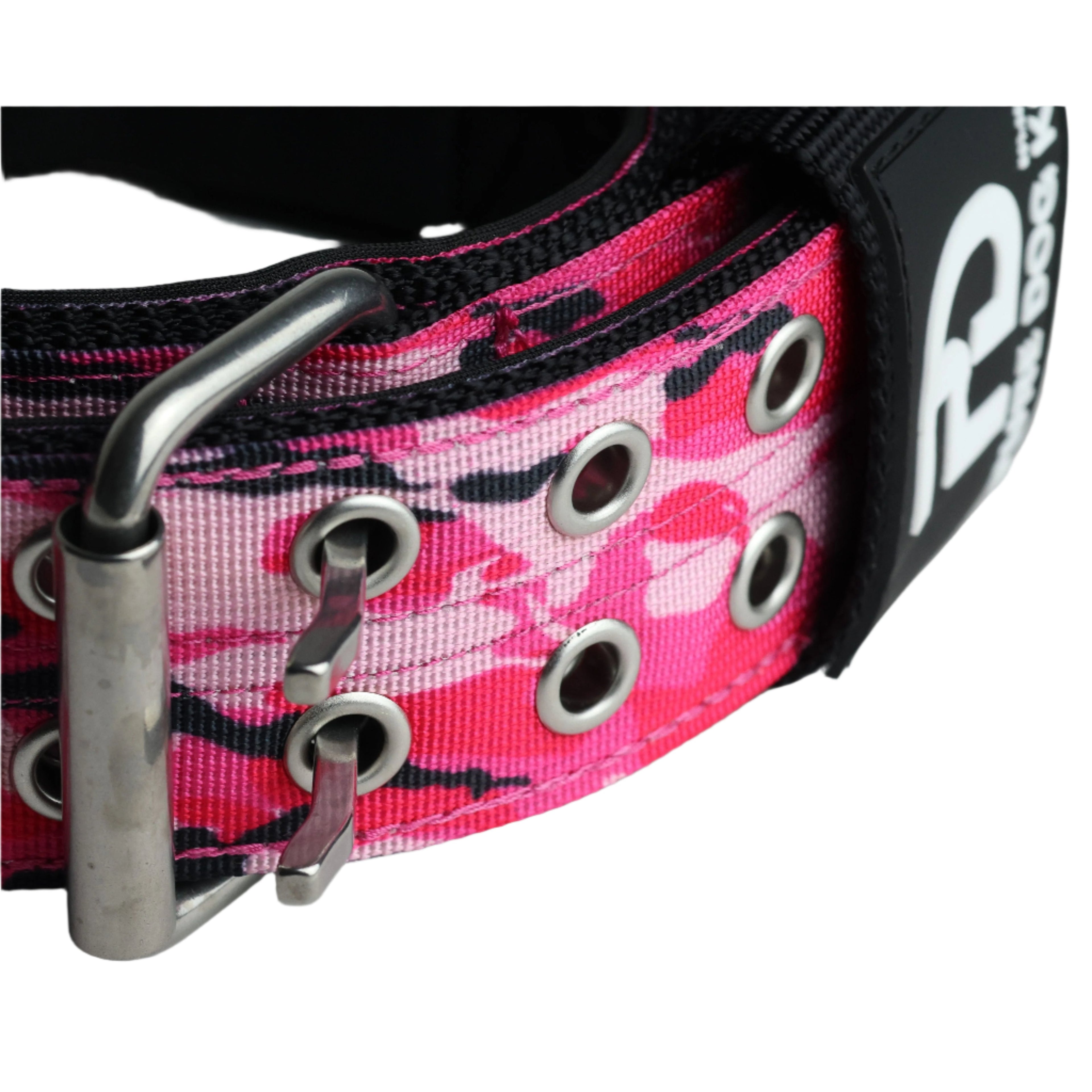 Pink camo sport dog collar with metal D-rings and eyelet strap detail