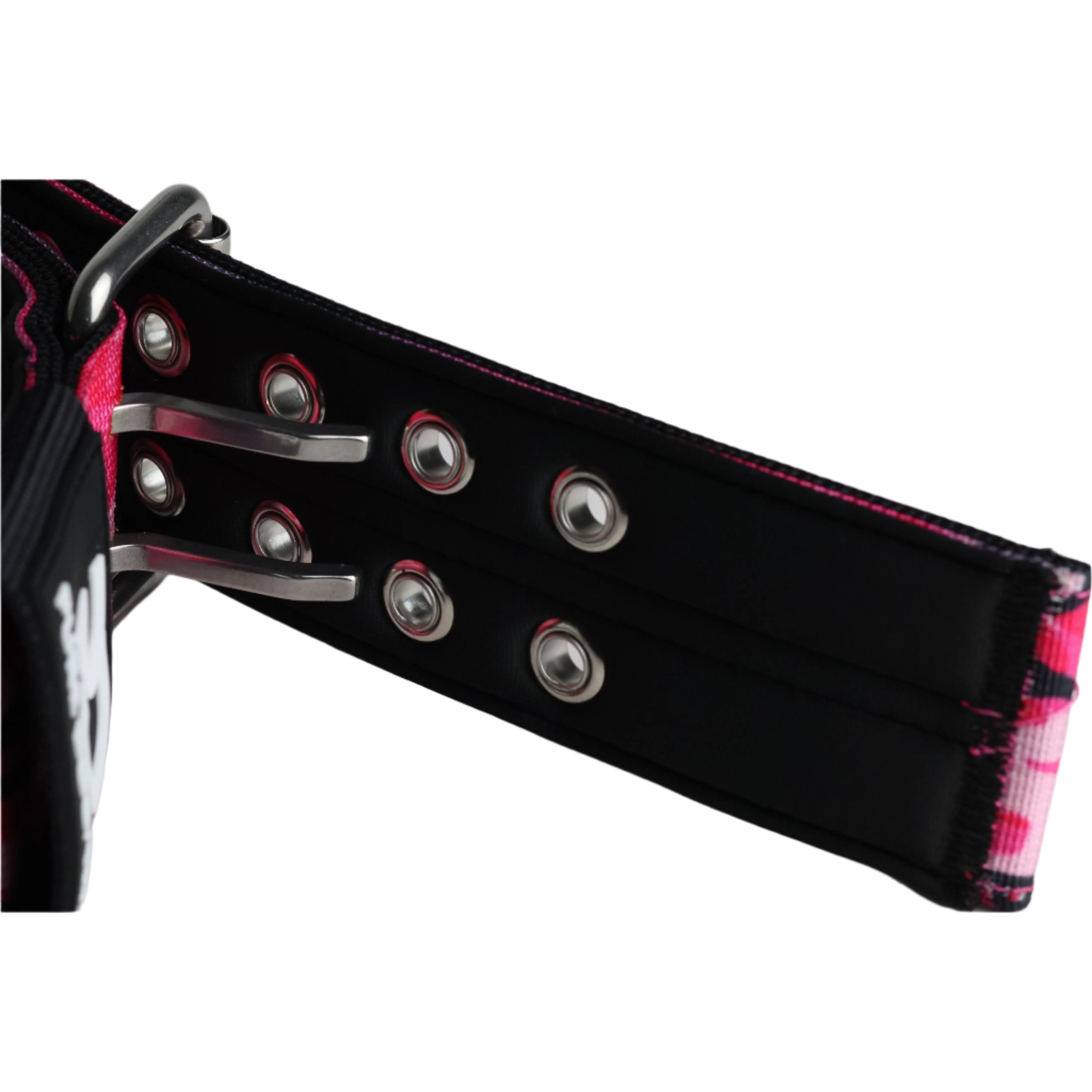 Black sport dog collar end with metal rivets and pink camo edge trim