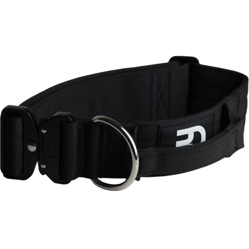Black tactical dog collar with handle, metal D-ring, reinforced webbing