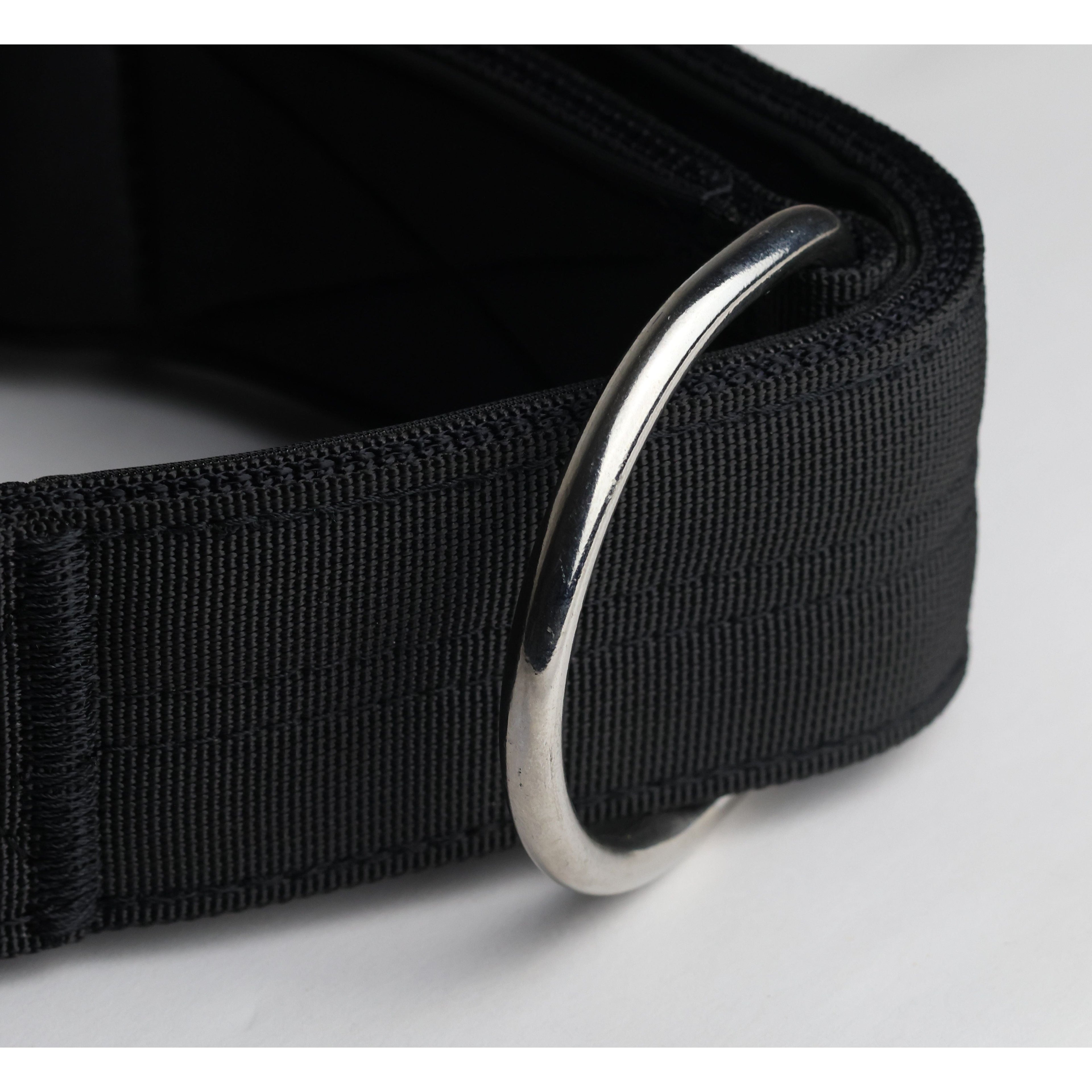 Black sport dog collar with curved metal D-ring and textured woven webbing
