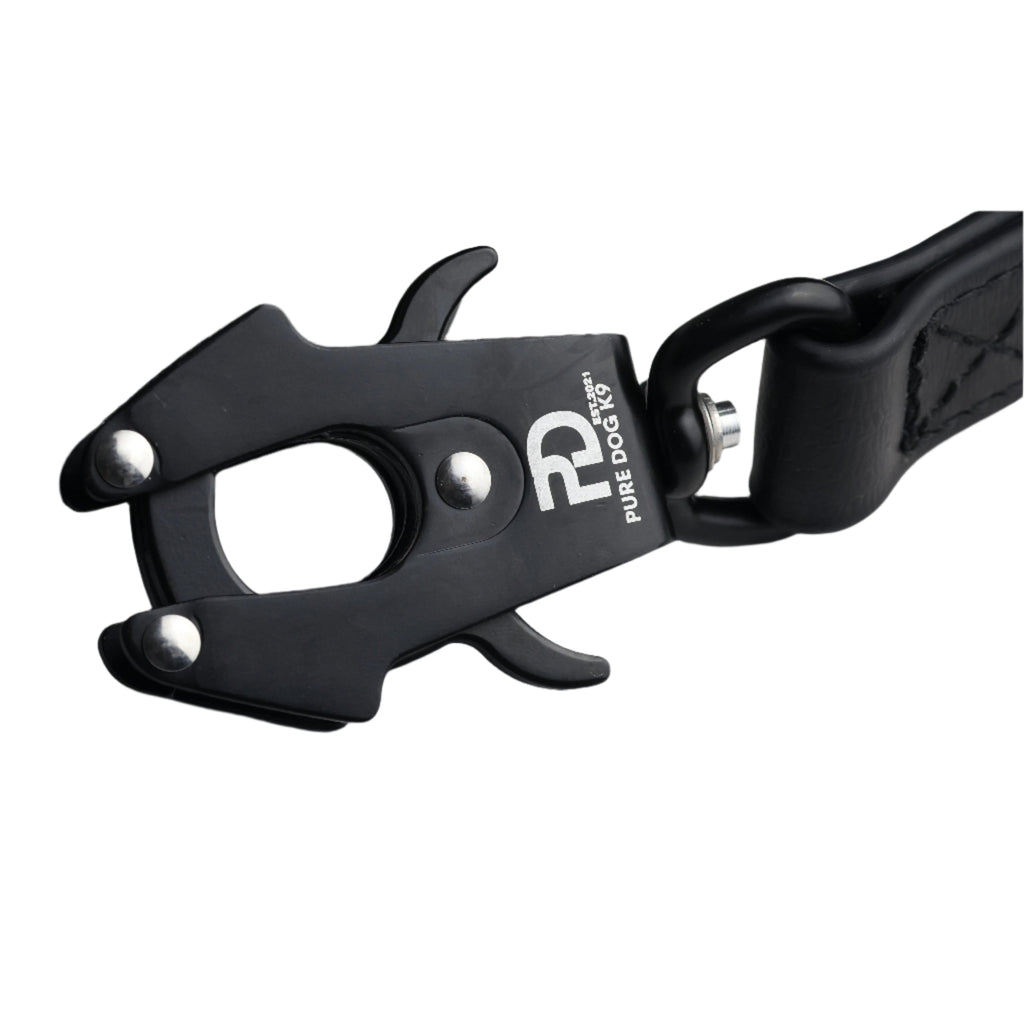 Black double-ended dog lead with adjustable buckle and metal snap clips