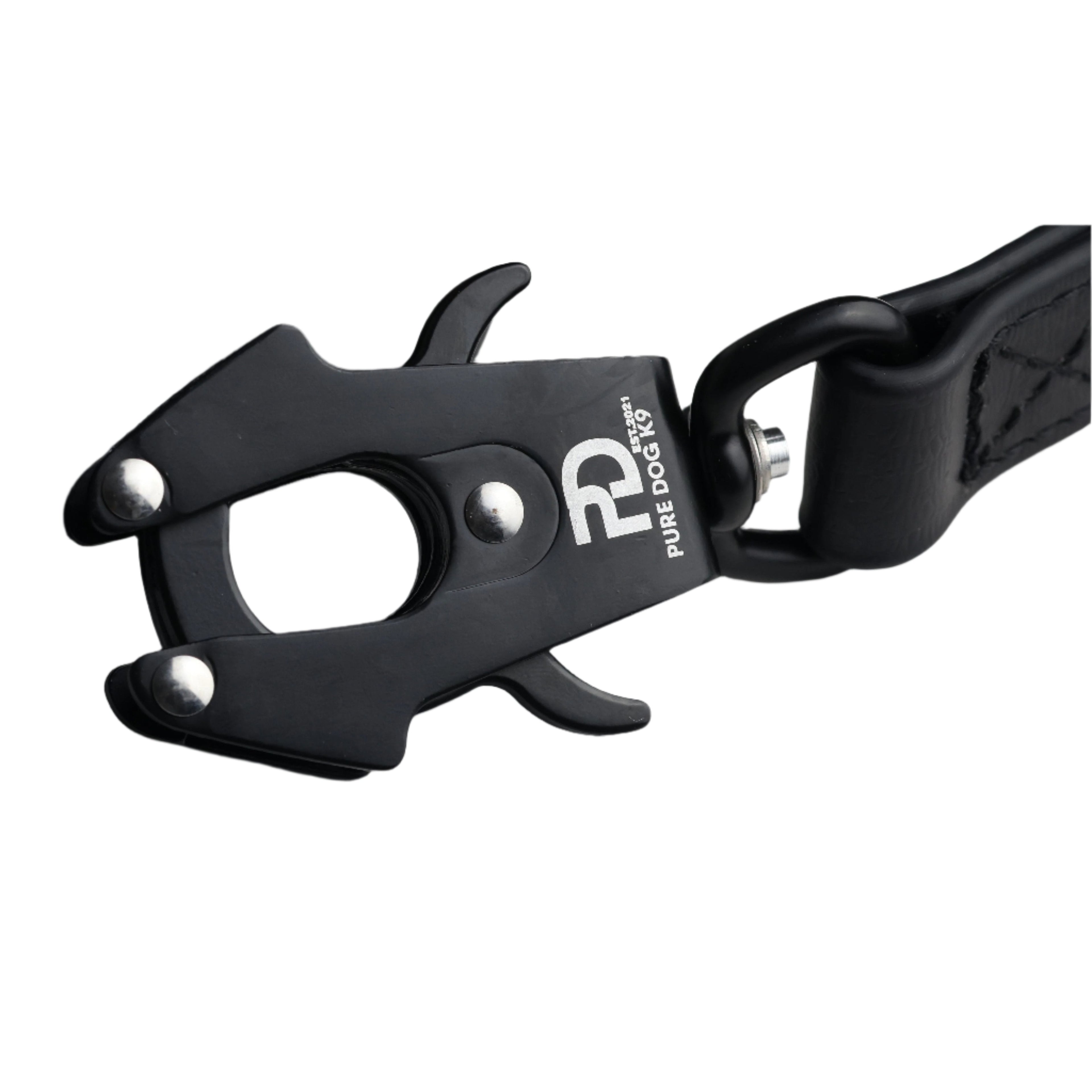 Black double-ended dog lead with adjustable buckle and metal snap clips