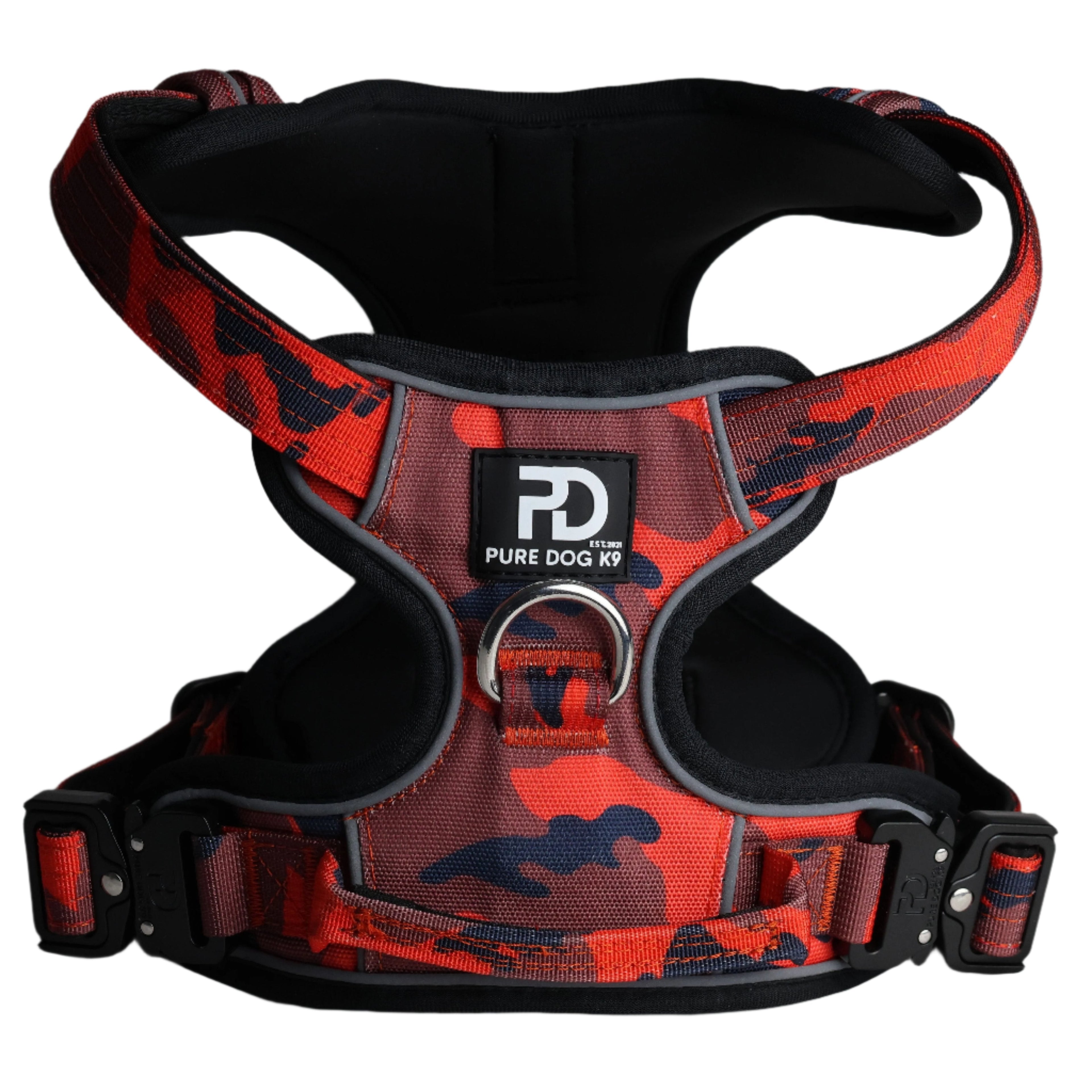 Red camo dog comfort harness with black padding and front metal D-ring