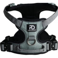 Grey comfort dog harness with front D-ring, padded belly panel, and logo patch
