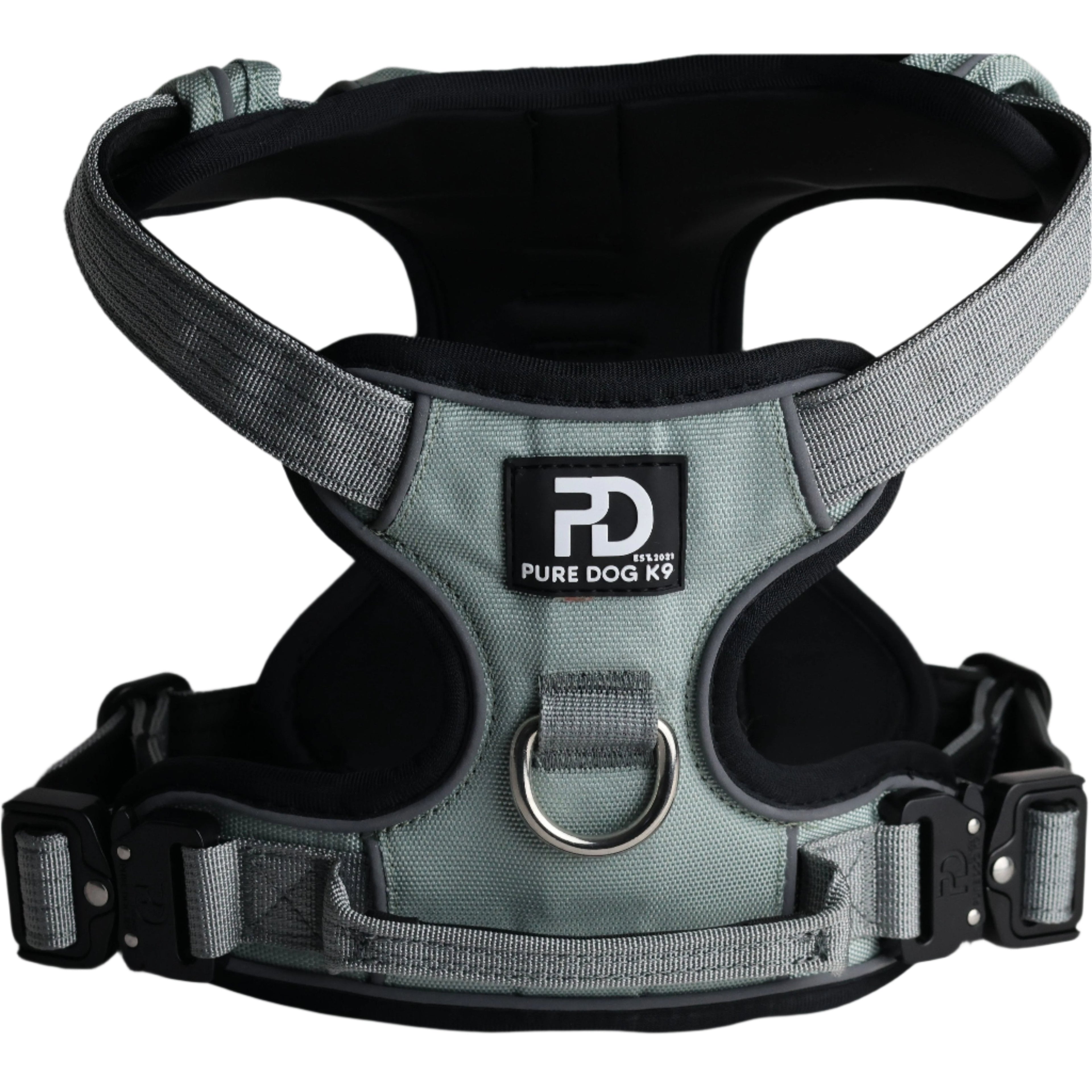 Grey comfort dog harness with front D-ring, padded belly panel, and logo patch