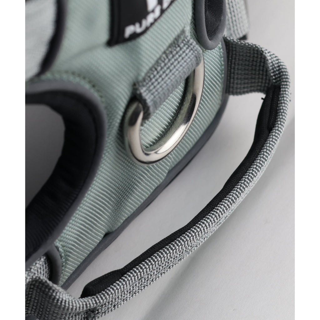 Grey comfort dog harness close-up of stitched edge and side strap with ring