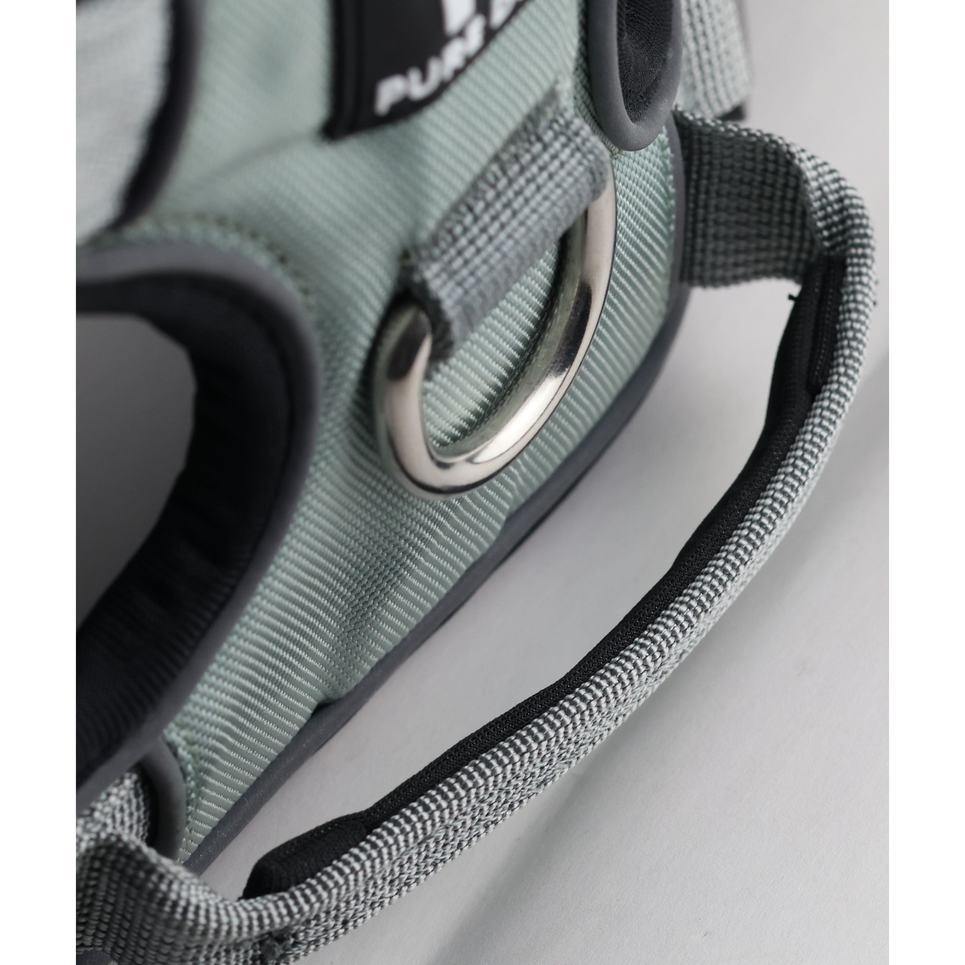 Grey comfort dog harness close-up of stitched edge and side strap with ring