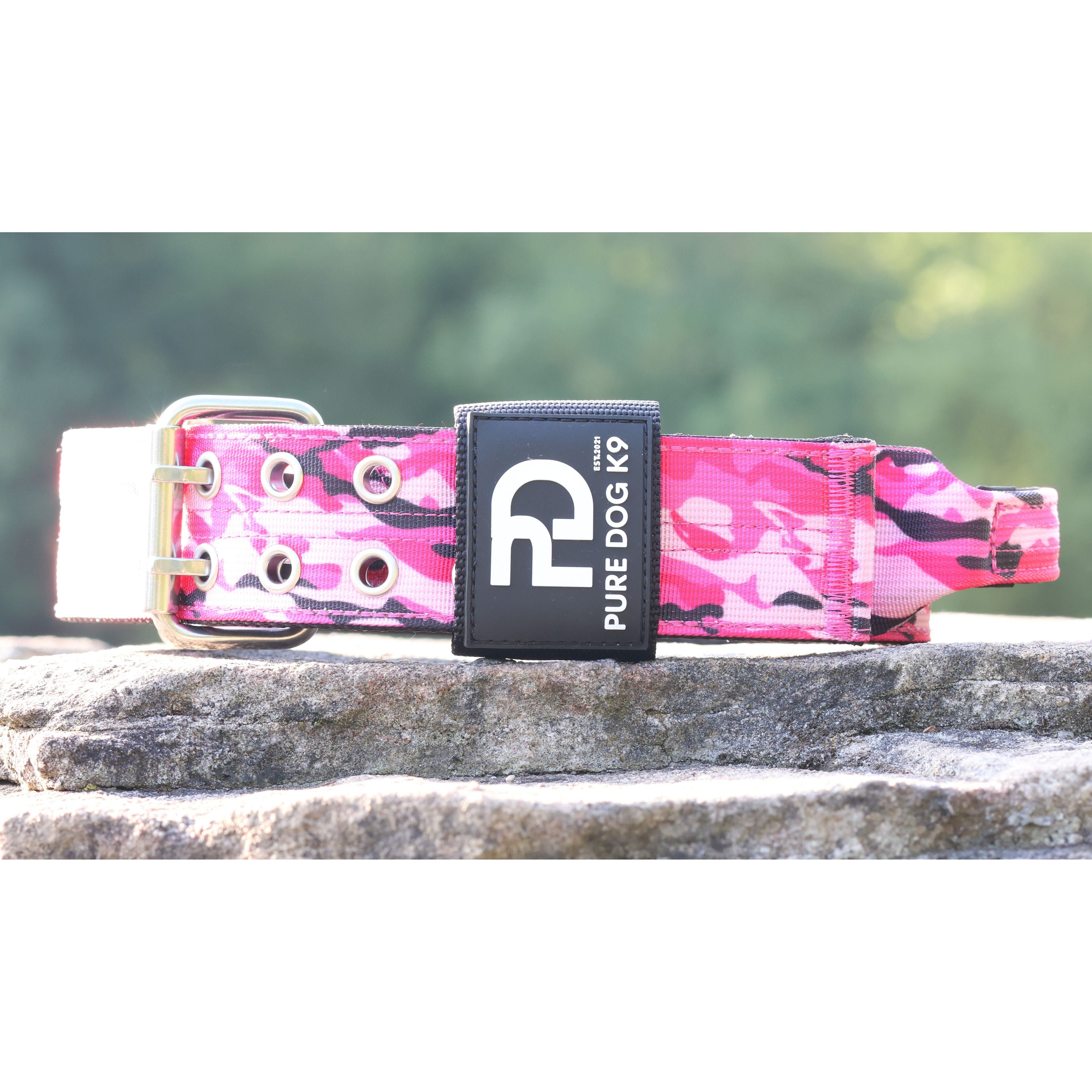 Pink camo dog collar with metal buckle and logo patch