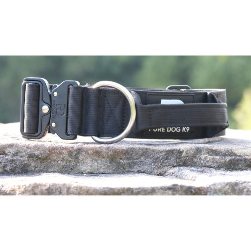 Black tactical dog collar with metal D-ring and handle strap