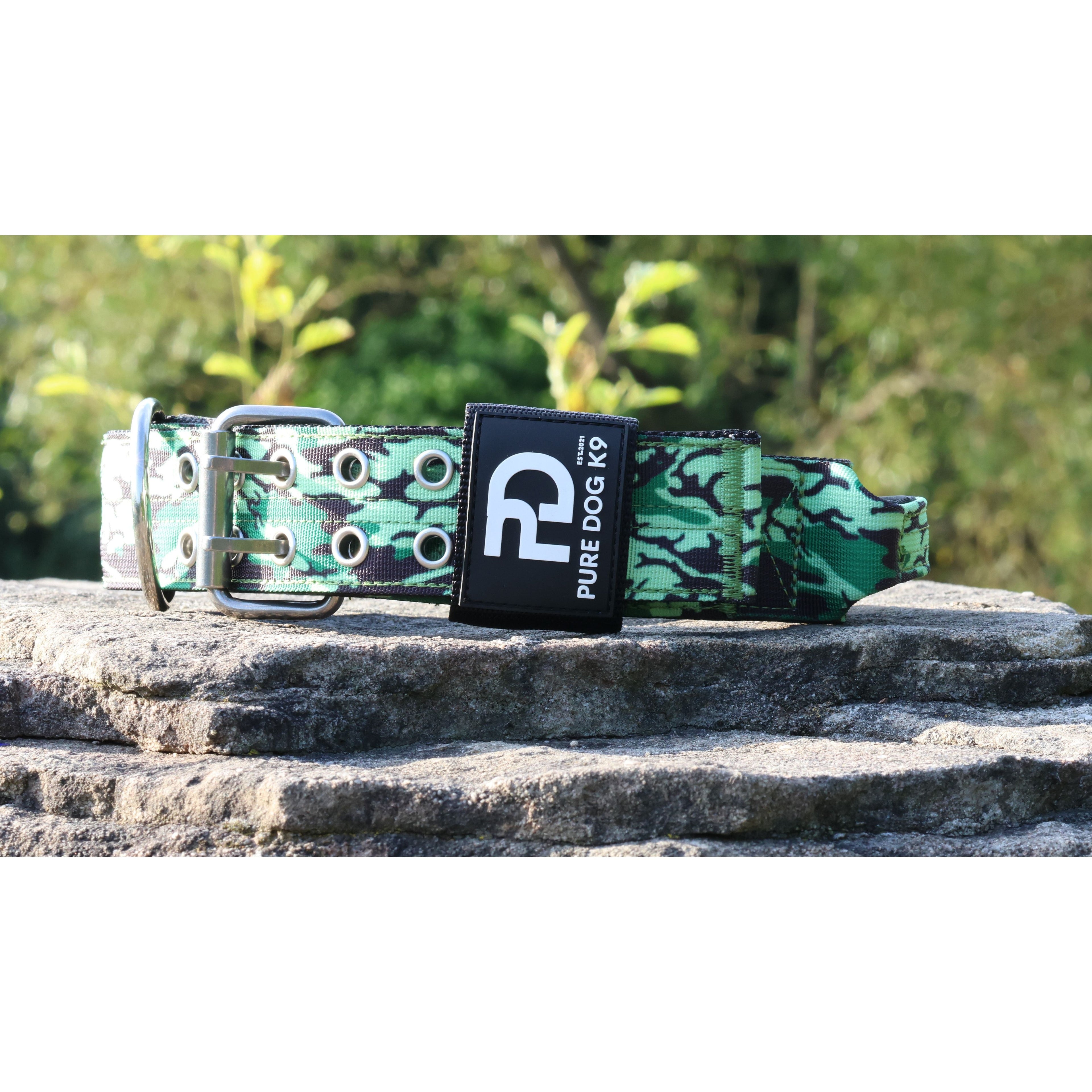 Green camo dog collar with metal buckle and logo patch, D-ring