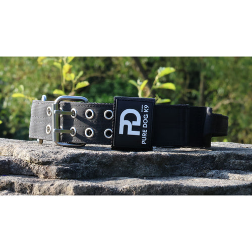 Black sport dog collar with silver grommets and logo patch on the strap