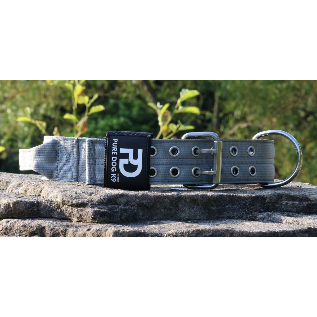 Grey sport dog collar with metal D-ring, buckle, and logo patch