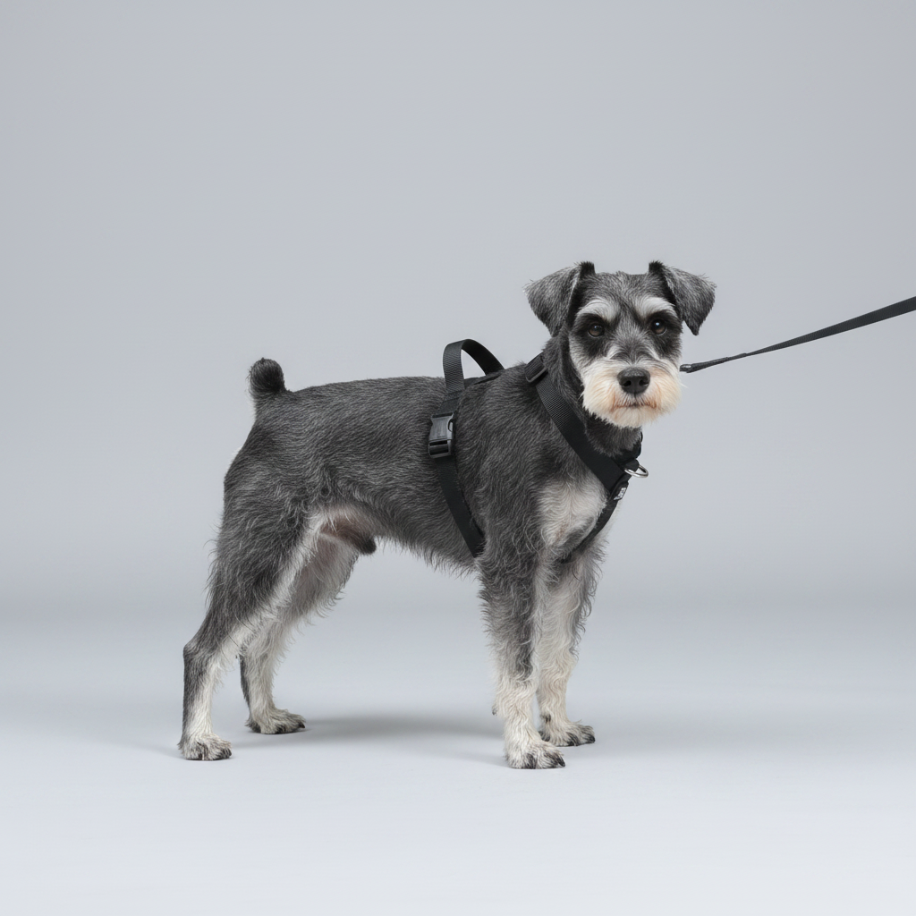 Black dog harness on small terrier dog, studio side view