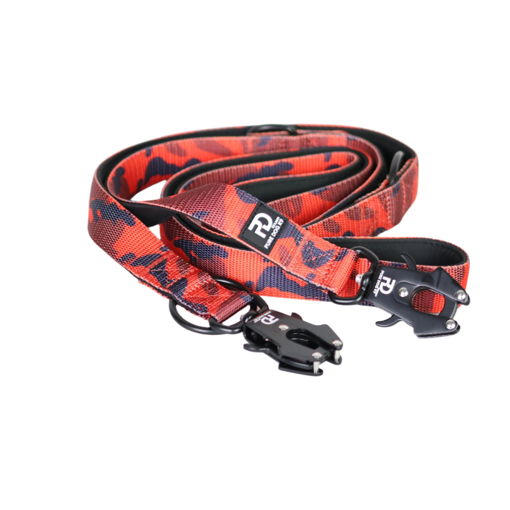 Red camo dog leash with black clips and adjustable strap, multifunctional lead