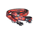 Red camo dog leash with black clips and adjustable strap, multifunctional lead