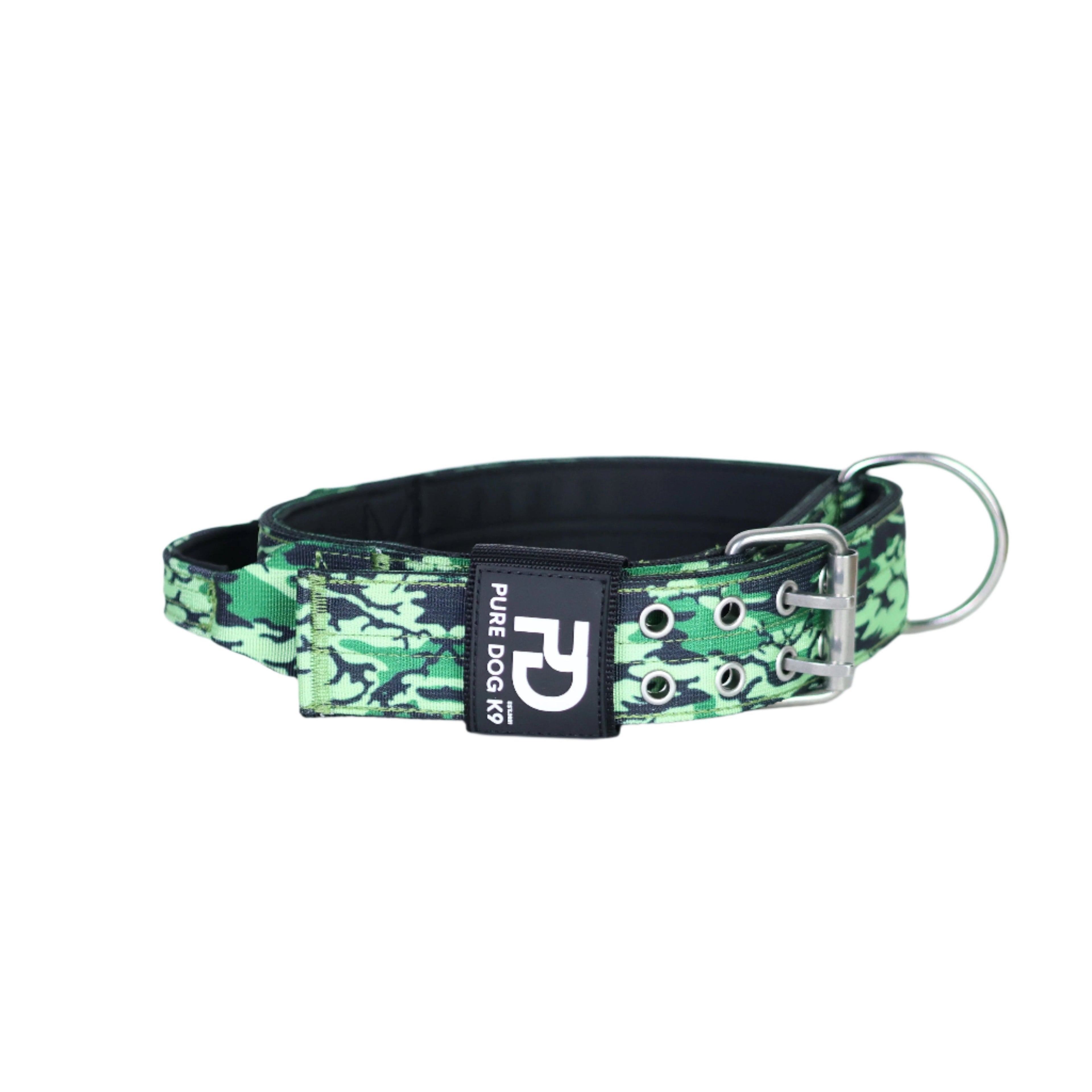 Green camo sport dog collar with metal buckle and D-ring, 5cm width