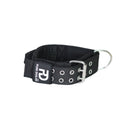 Black sport dog collar with metal D-ring, padded lining, and silver grommets