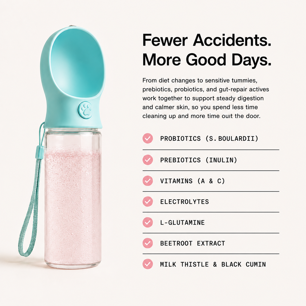 Teal-capped dog water bottle filled with pink sparkling granules for hydration support