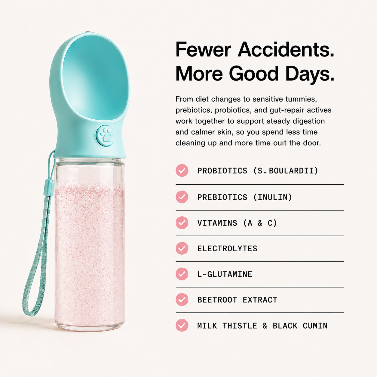 Teal-capped dog water bottle filled with pink sparkling granules for hydration support