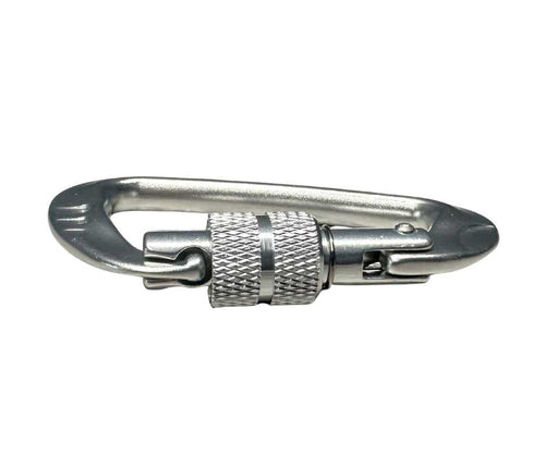 Aluminum carabiner clip with latch open and knurled locking sleeve, dark gray
