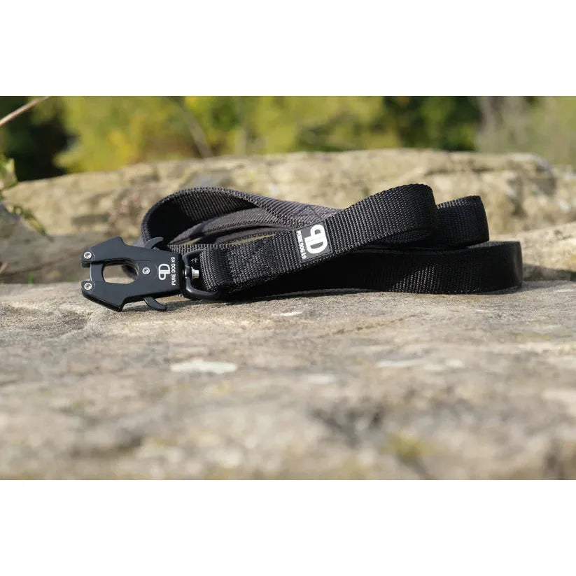 Black dog lead with padded handle and quick-release clip on metal clasp