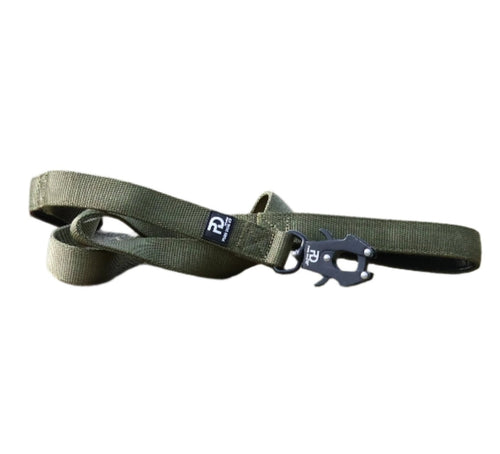 Khaki sport dog leash with metal snap clip and adjustable loop