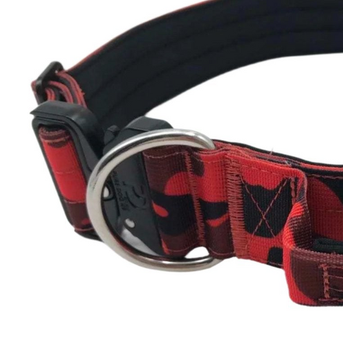 Red and black camo tactical dog collar with metal D-ring buckle