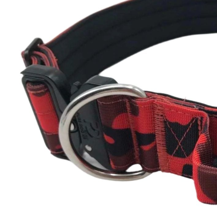 Red and black camo tactical dog collar with metal D-ring and stitching detail