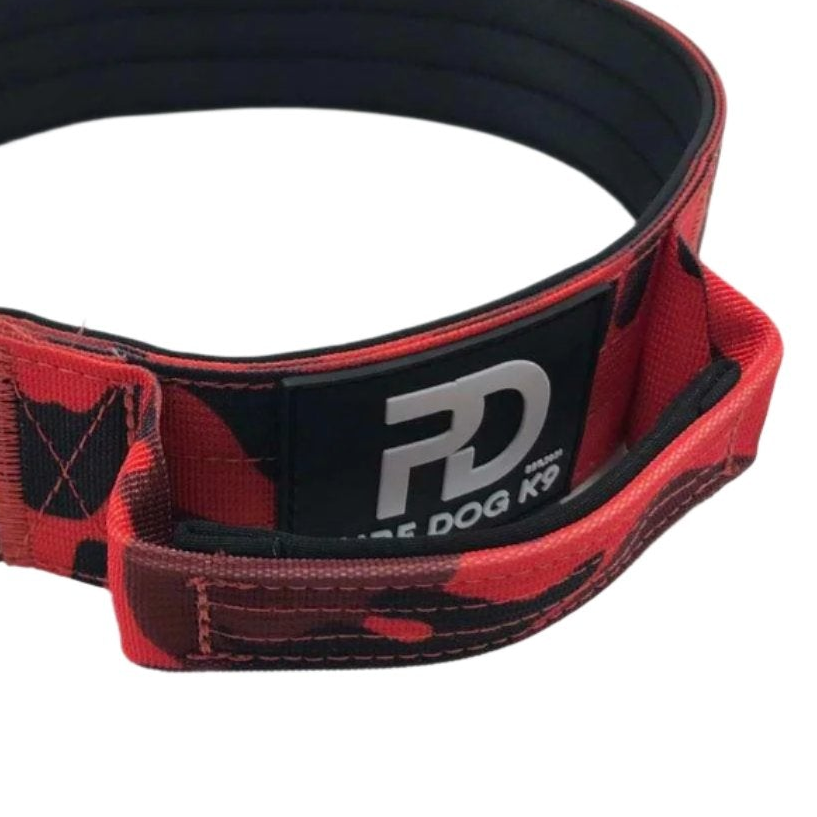 Red and black camo tactical dog collar with FD K9 logo and buckle