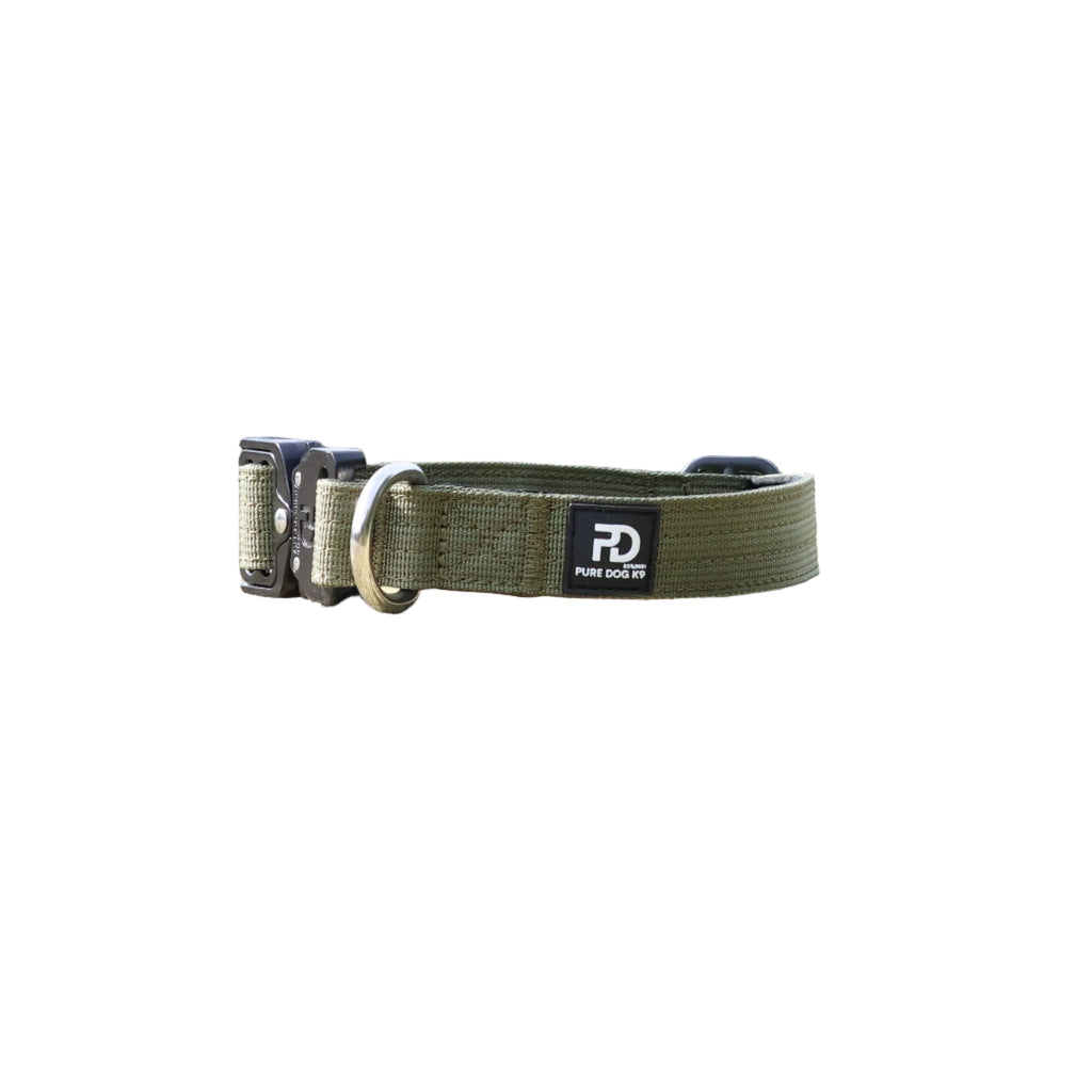Khaki tactical dog collar with metal buckle and D-ring hardware