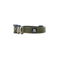 Khaki tactical dog collar with metal buckle and D-ring hardware