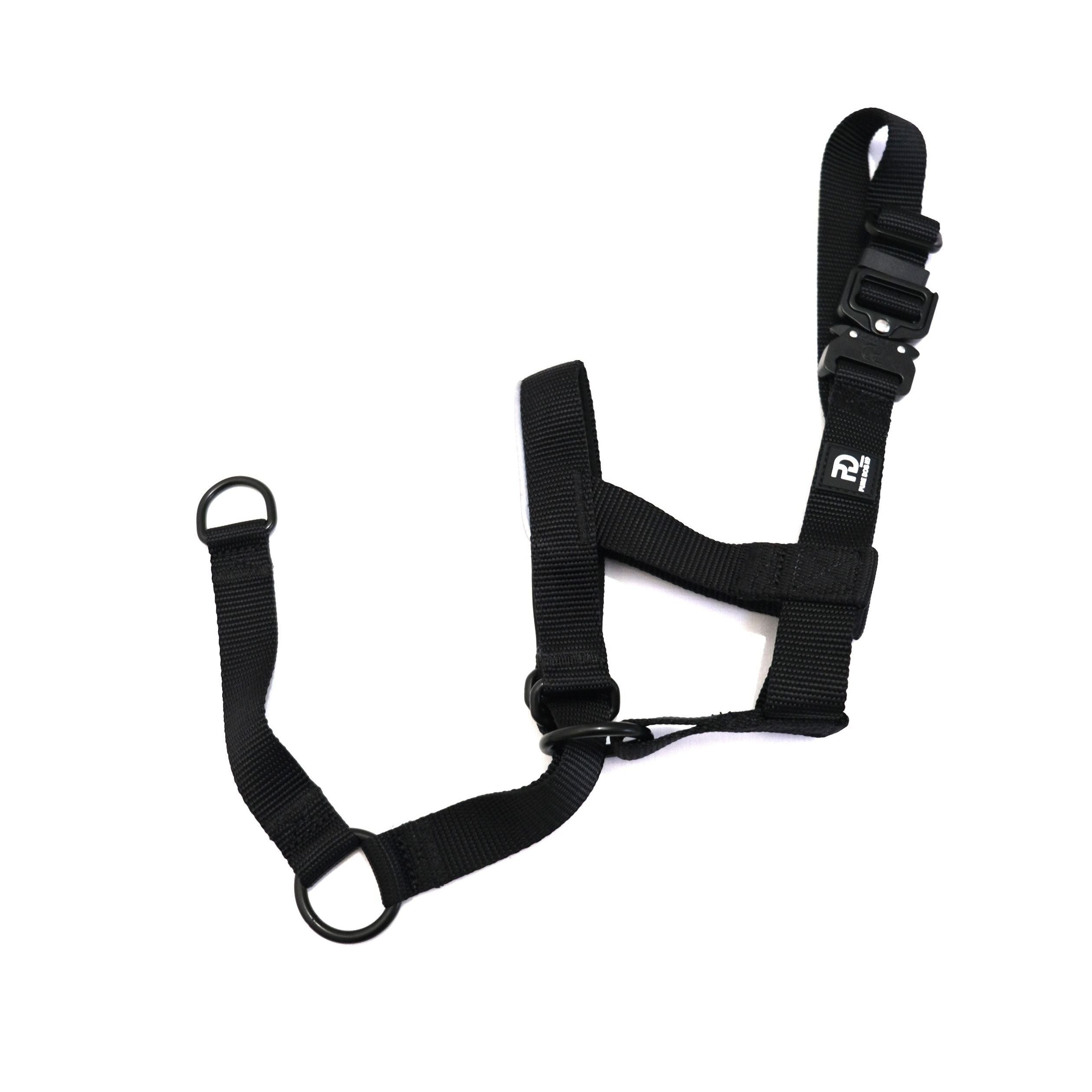 Dark fabric head collar with two adjustment straps and metal buckles