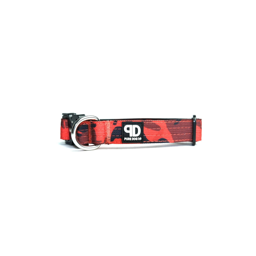 Tactical dog collar front with red camouflage pattern, black trim, and metal ring