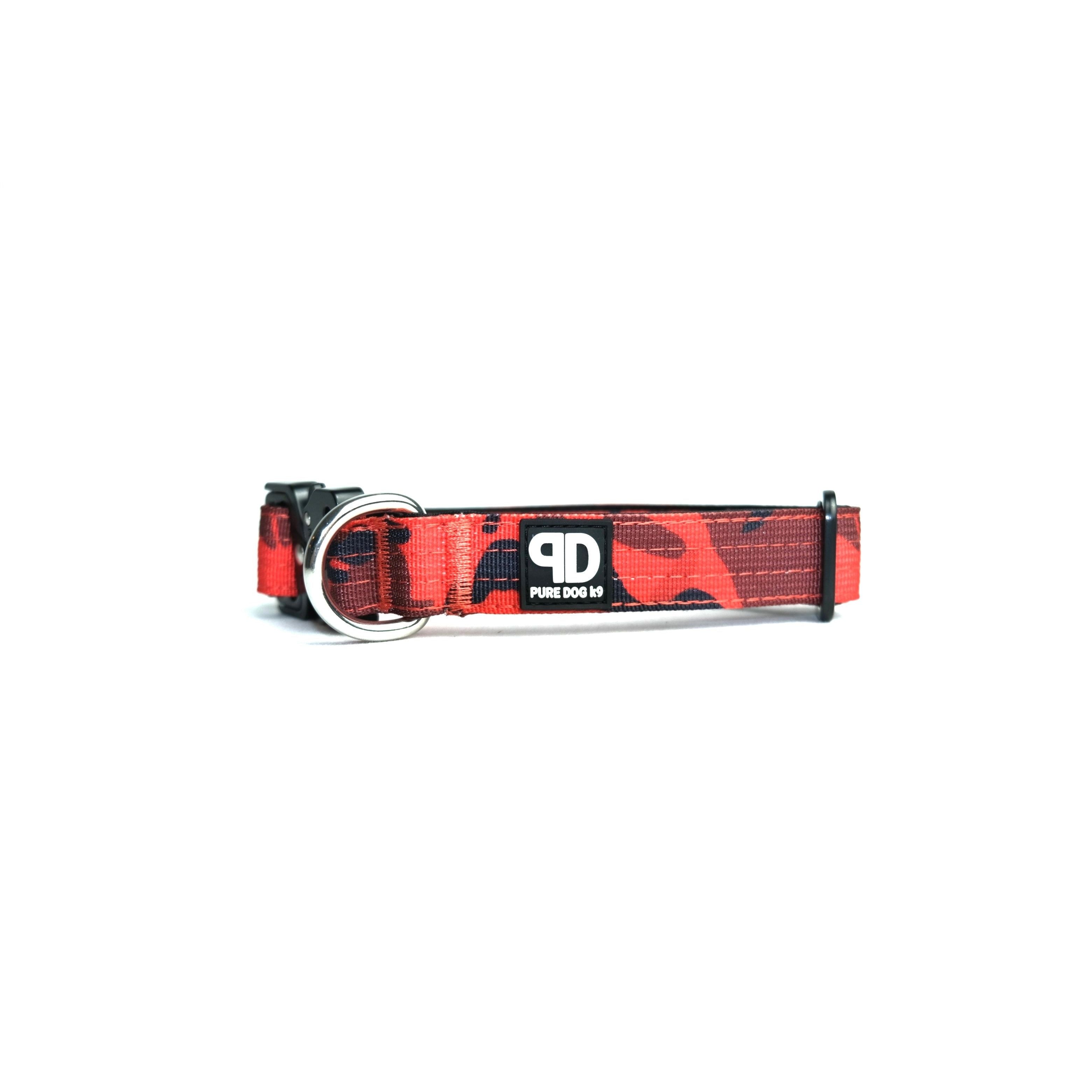 Tactical dog collar front with red camouflage pattern, black trim, and metal ring