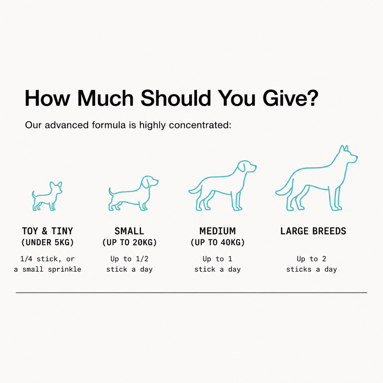 Dog supplement dosage chart showing feeding amounts for toy to large breeds